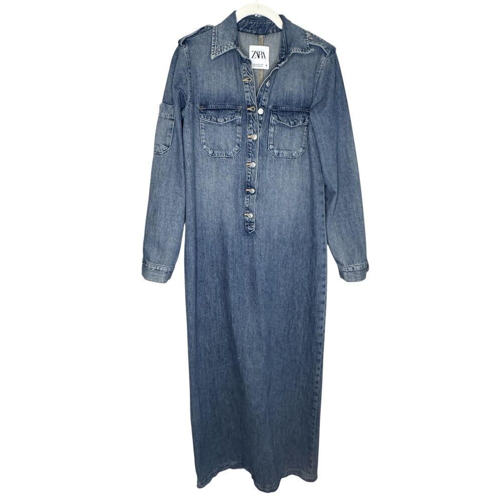 Zara Dress Womens XS Blue Denim Long Sleeve Shirt Maxi Collared Button Pockets